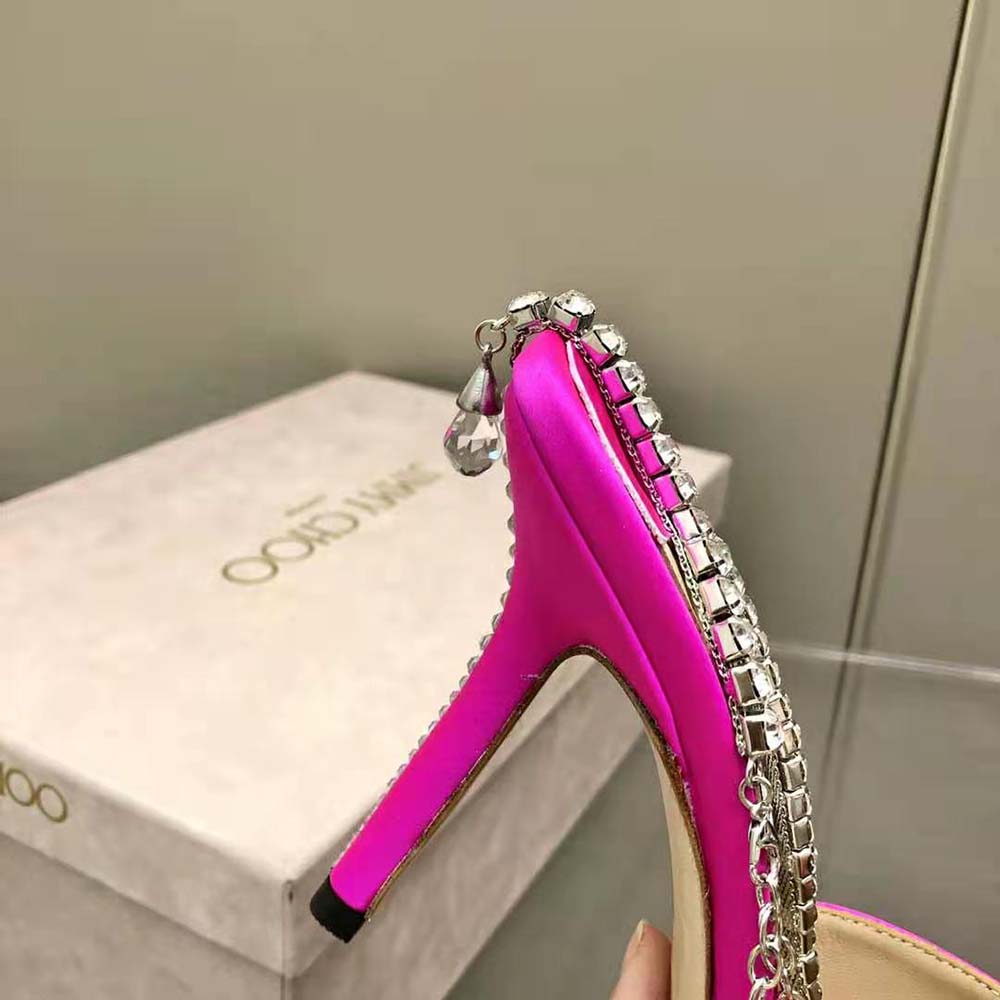 Jimmy Choo Women Saeda 100 Fuchsia Satin Pumps with Crystal Embellishment 9 Jimmy Choo Women Saeda 100 Fuchsia Satin Pumps with Crystal Embellishment - Image 9