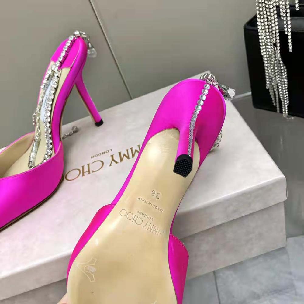 Jimmy Choo Women Saeda 100 Fuchsia Satin Pumps with Crystal Embellishment 10 Jimmy Choo Women Saeda 100 Fuchsia Satin Pumps with Crystal Embellishment - Image 10