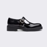 Prada Women Brushed leather T-Strap Shoes-Black
