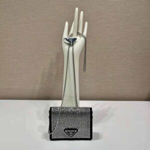 Prada Black Satin Crystal Card Holder With Chain, myGemma