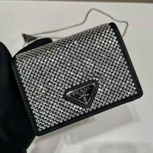 Prada Black Satin Crystal Card Holder With Chain, myGemma