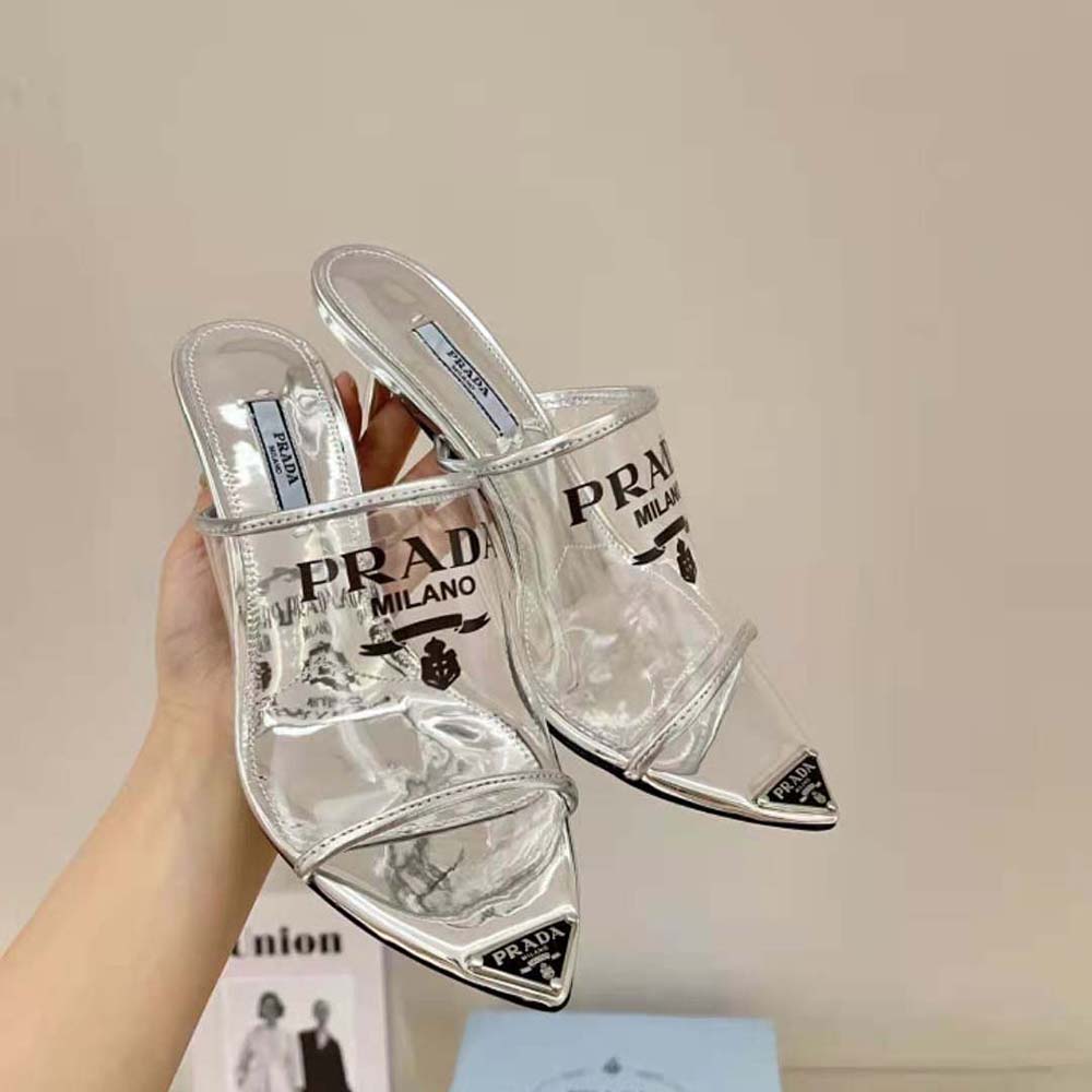 Prada Women Logo-print Plexiglas High-Heel Slides in 75mm Heel Height