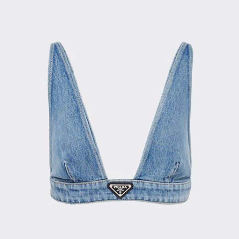 Prada Women Organic Denim Top with Plunging V Neck is Made of Washed ...