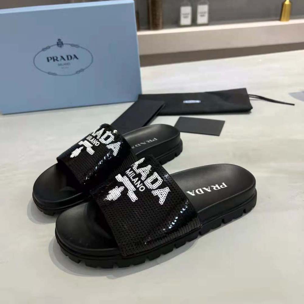 Prada Women Sequin Slides with Rubber Lug Sole are Covered All Over with  Embroidered Sequins