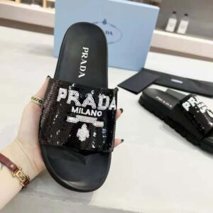 Prada Women Sequin Slides with Rubber Lug Sole are Covered All Over with  Embroidered Sequins