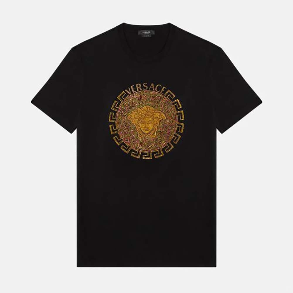 Versace Men Embellished Medusa T-shirt in Cotton-Black