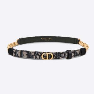 Dior Women Caro Belt Blue Dior Oblique Jacquard with Shiny Gold-Finish Metal 15 MM