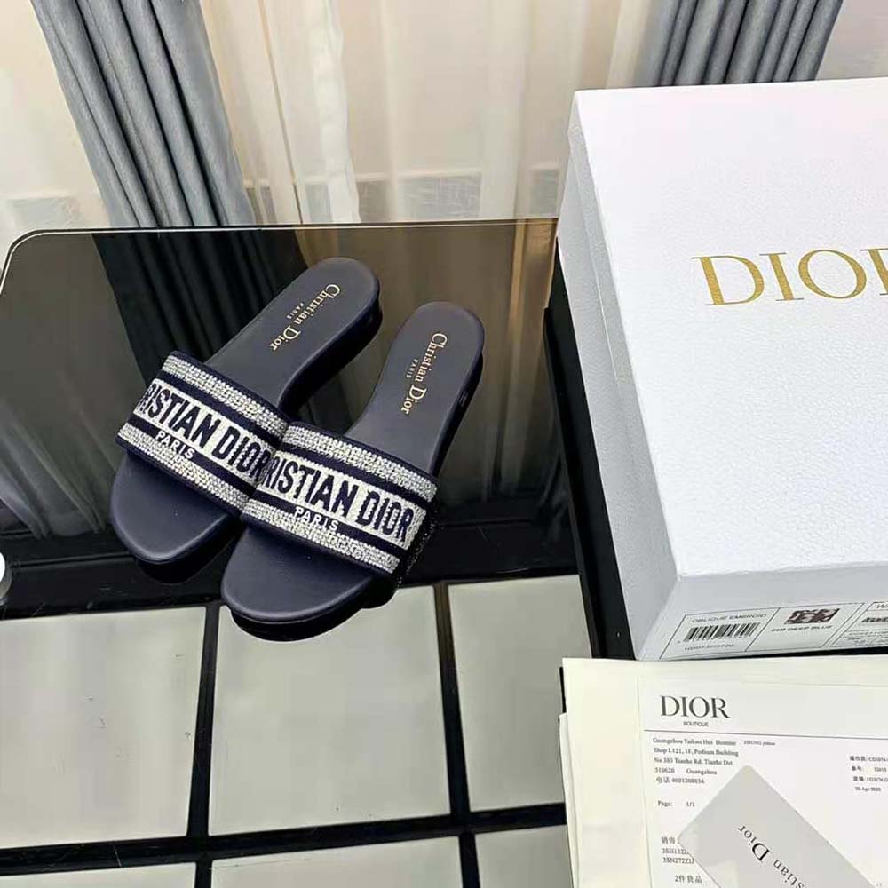 Dior Women Dway Slide Black Cotton Embroidery with Metallic Thread