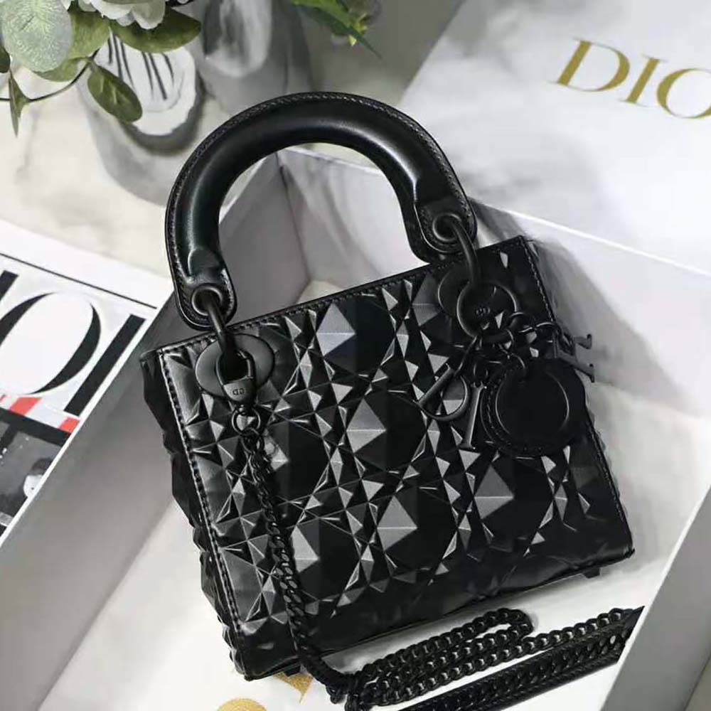 Mini Lady Dior Bag Black Cannage Calfskin with Diamond Motif