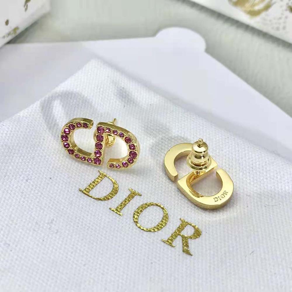 Dior - Petit CD Stud Earrings Gold-finish Metal, Pink Crystals and Light Pink Glass - Women Jewelry