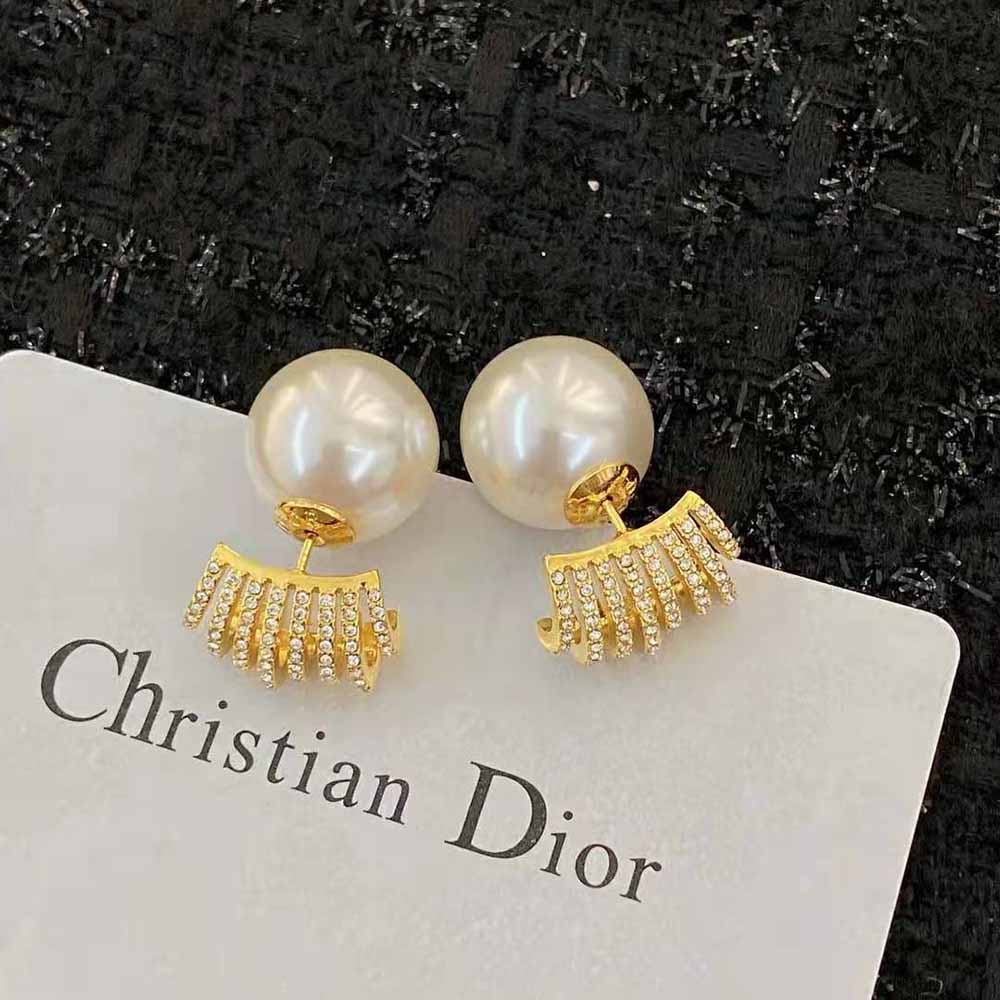 Dior Women Tribales Earrings Gold-Finish Metal with White Resin Pearls and White Crystals 2 Dior Women Tribales Earrings Gold-Finish Metal with White Resin Pearls and White Crystals - Image 2