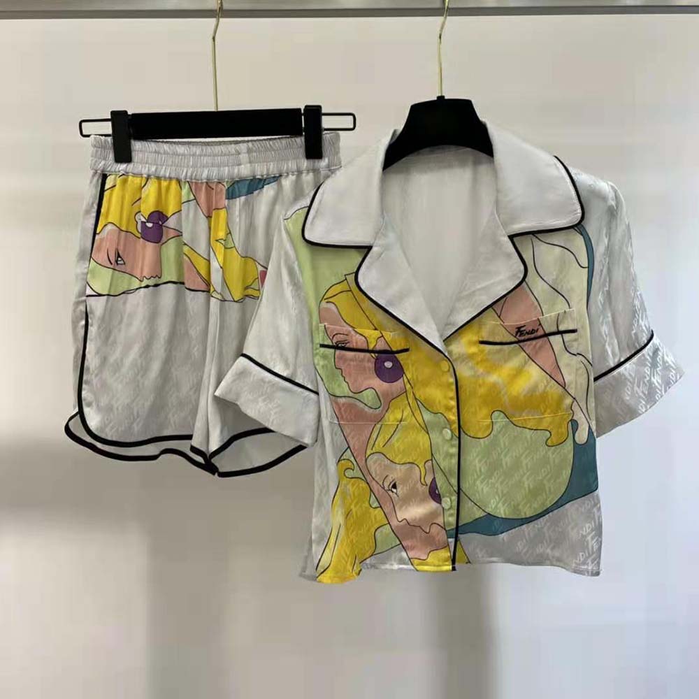 Fendi Women Pajama Set Multicolor Silk Pajama Set-White 2 Fendi Women Pajama Set Multicolor Silk Pajama Set-White - Image 2
