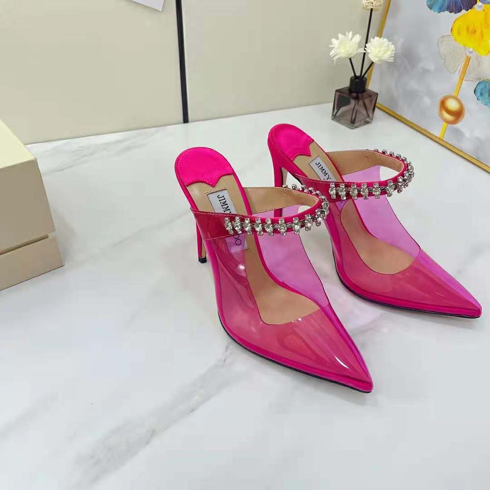 Jimmy Choo Women Bing 100 Hot Pink Neon Plexi Mules with Pink Crystal Strap 2 Jimmy Choo Women Bing 100 Hot Pink Neon Plexi Mules with Pink Crystal Strap - Image 2
