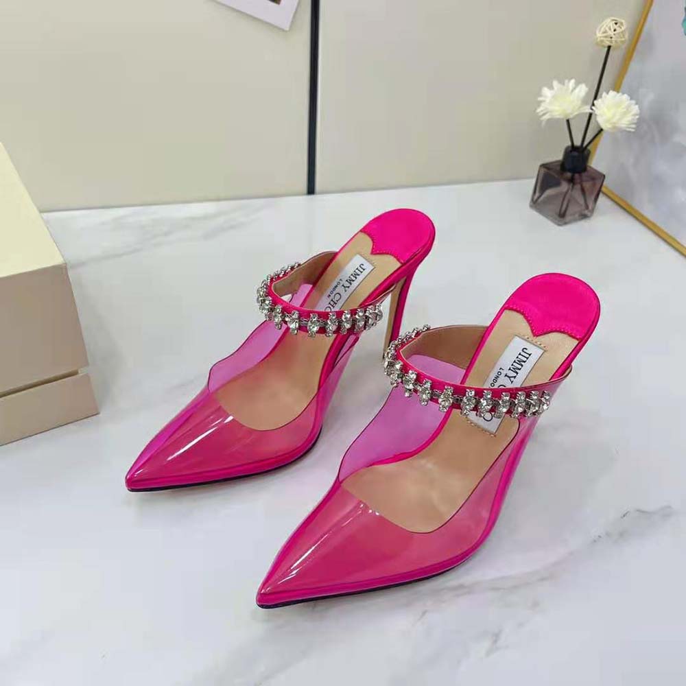 Jimmy Choo Women Bing 100 Hot Pink Neon Plexi Mules with Pink Crystal Strap 3 Jimmy Choo Women Bing 100 Hot Pink Neon Plexi Mules with Pink Crystal Strap - Image 3