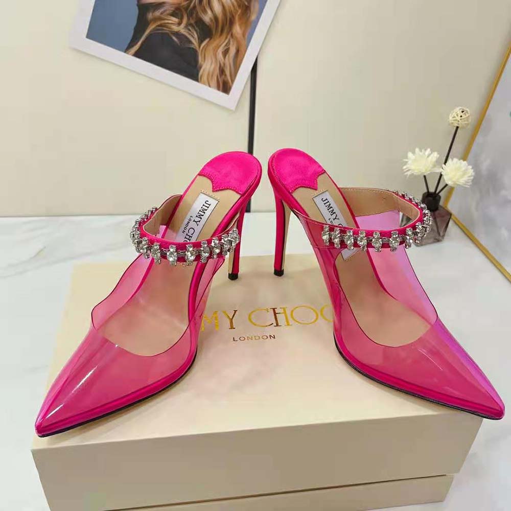 Jimmy Choo Women Bing 100 Hot Pink Neon Plexi Mules with Pink Crystal Strap 4 Jimmy Choo Women Bing 100 Hot Pink Neon Plexi Mules with Pink Crystal Strap - Image 4