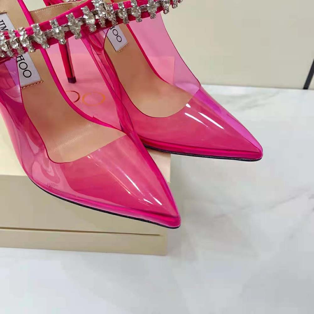 Jimmy Choo Women Bing 100 Hot Pink Neon Plexi Mules with Pink Crystal Strap 9 Jimmy Choo Women Bing 100 Hot Pink Neon Plexi Mules with Pink Crystal Strap - Image 9
