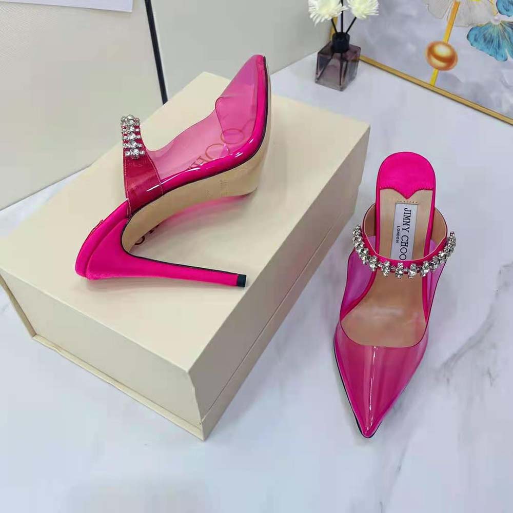 Jimmy Choo Women Bing 100 Hot Pink Neon Plexi Mules with Pink Crystal Strap 7 Jimmy Choo Women Bing 100 Hot Pink Neon Plexi Mules with Pink Crystal Strap - Image 7