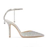 Jimmy Choo Women Saeda 100 Ivory Satin Pumps with Crystal Embellishment