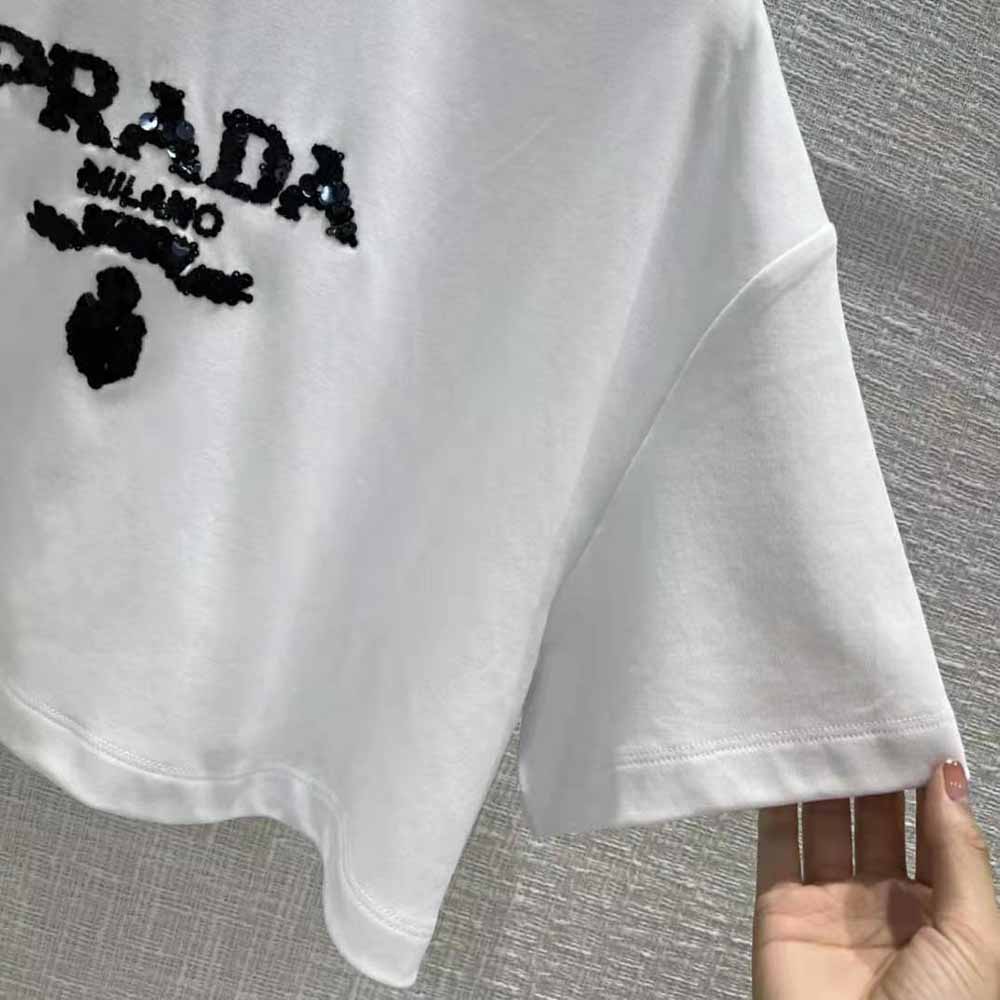 Prada Women Embroidered Interlock Crop T-shirt-White