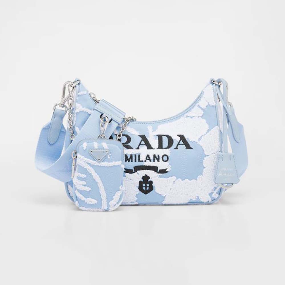 Prada Women Re-Edition 2006 Embroidered Drill Shoulder Bag-Blue 1 Prada Women Re-Edition 2006 Embroidered Drill Shoulder Bag-Blue