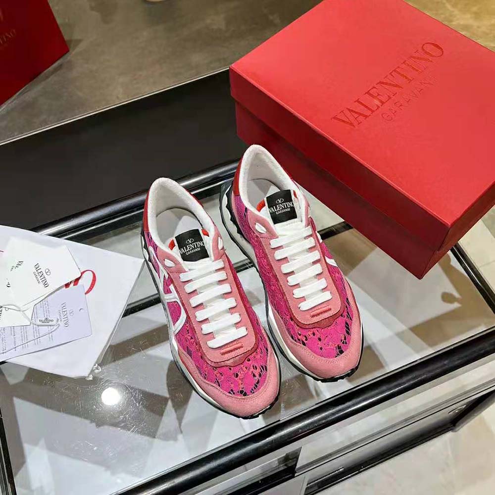 etnisk pave største Valentino Women Lace and Mesh Lacerunner Sneaker-Pink