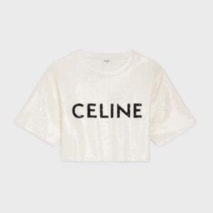 Celine Women Embroidered Celine T-shirt in Cotton Jersey-White