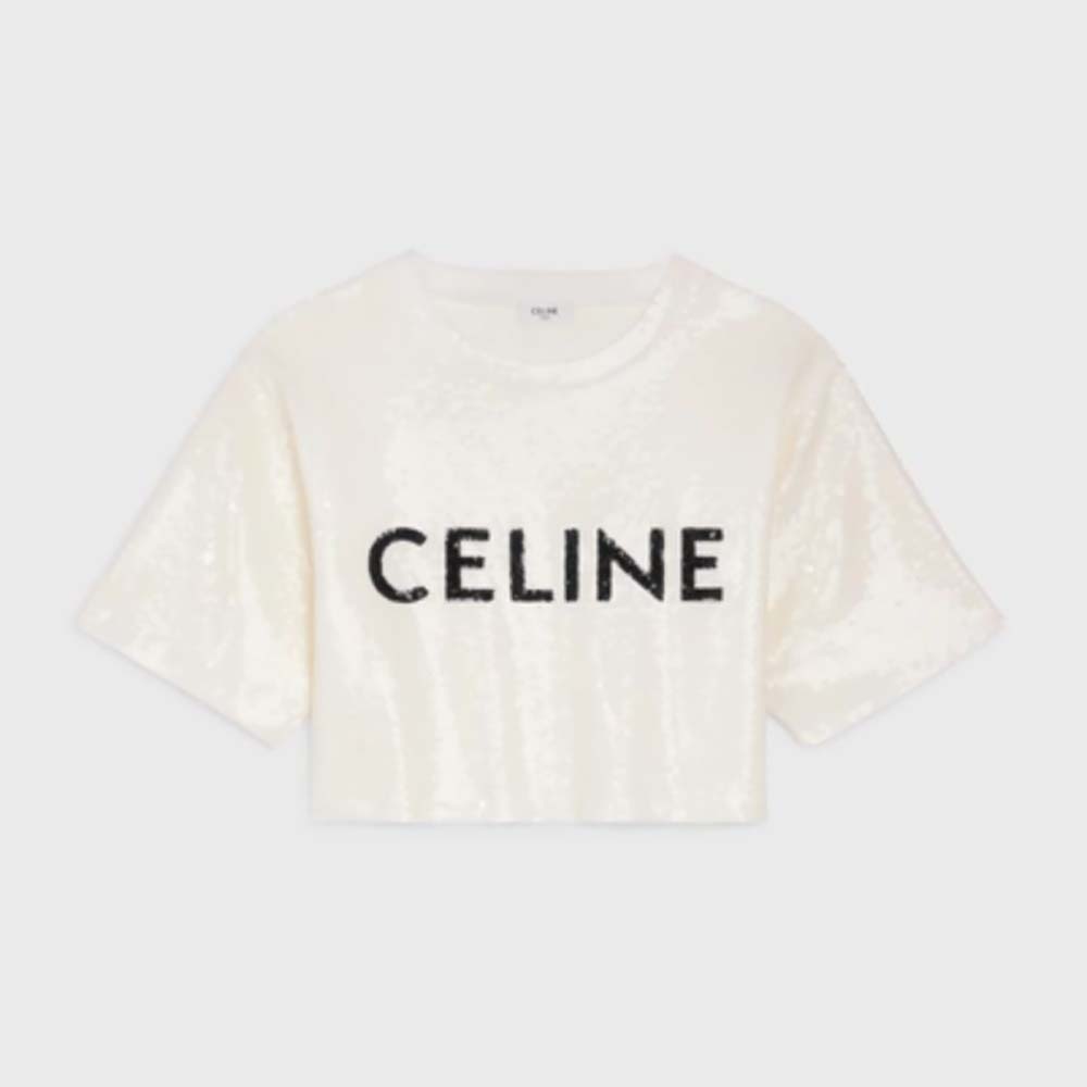 Celine Women Embroidered Celine T-shirt in Cotton Jersey-White
