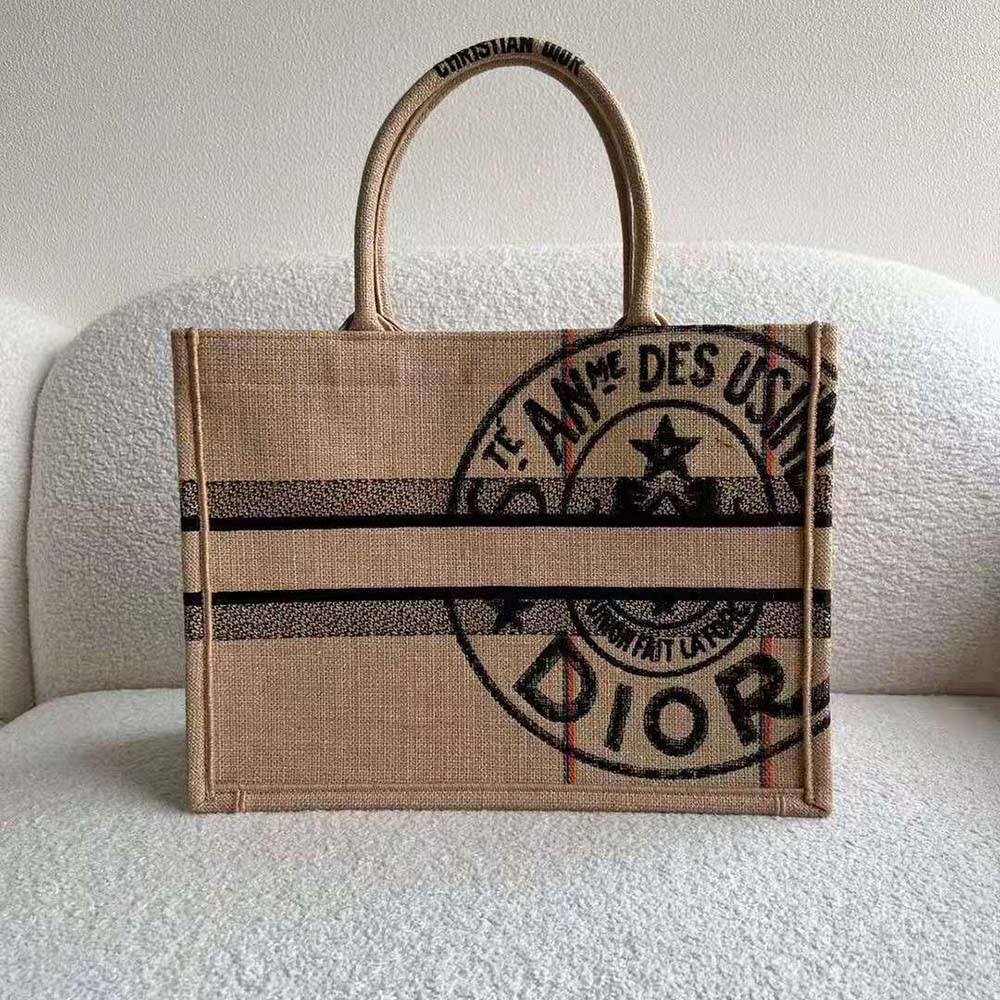 beige jute canvas embroidered with dior union motif