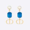 Dior Women Petit CD Earrings Gold-Finish Metal with White Resin Pearls and Fluorescent Blue Crystals