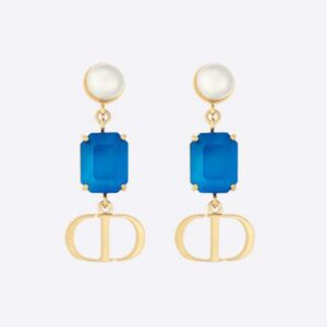 Dior Women Petit CD Earrings Gold-Finish Metal with White Resin Pearls and Fluorescent Blue Crystals