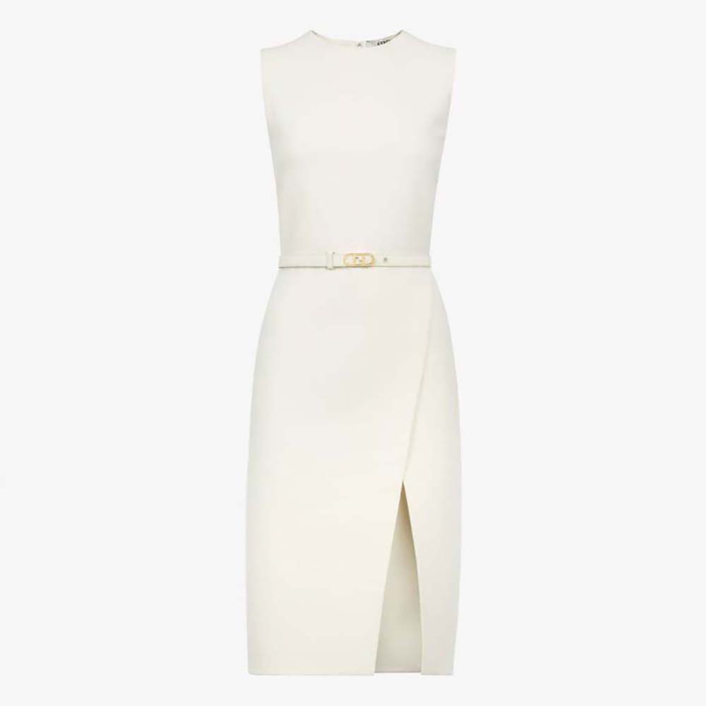 Fendi Women White Wool and Silk Dress with Fitted Waist and Cross-Over ...