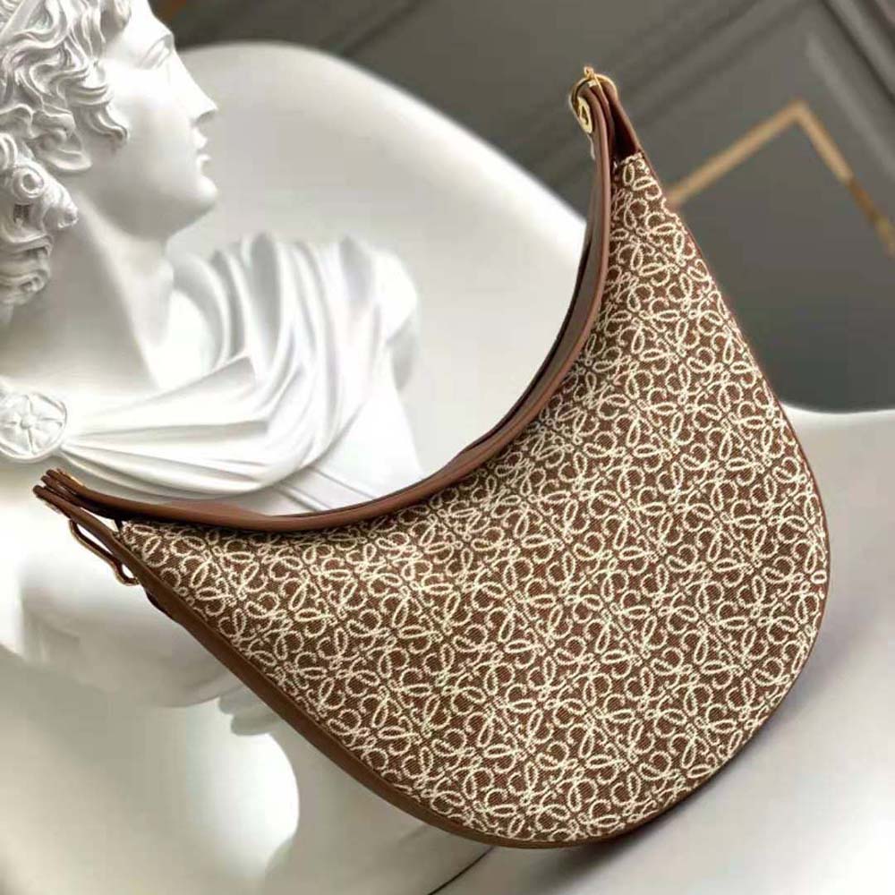 Loewe Women Luna Bag in Anagram Jacquard and Classic Calfskin-Brown 2 Loewe Women Luna Bag in Anagram Jacquard and Classic Calfskin-Brown - Image 2