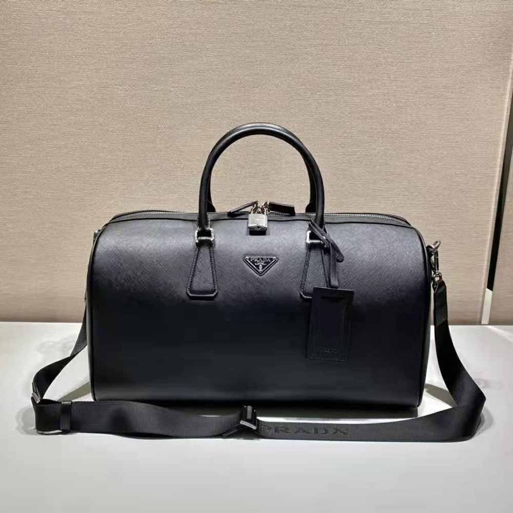 Prada Men Elegant Duffle Bag in Saffiano Leather Travel Bag-Black