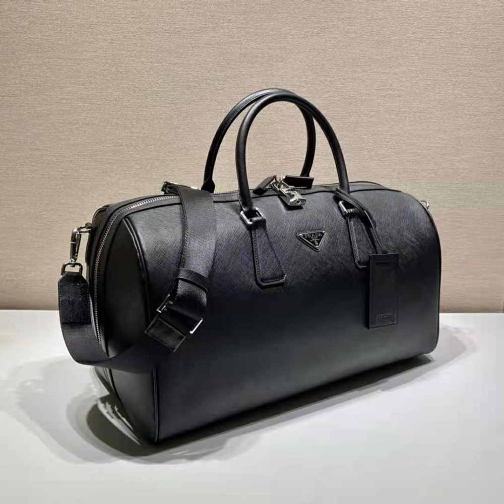 Prada Saffiano Leather Duffle Travel Bag Black