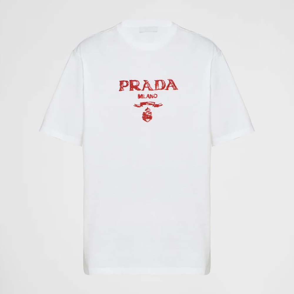 Prada Women Embroidered Jersey T-shirt-White