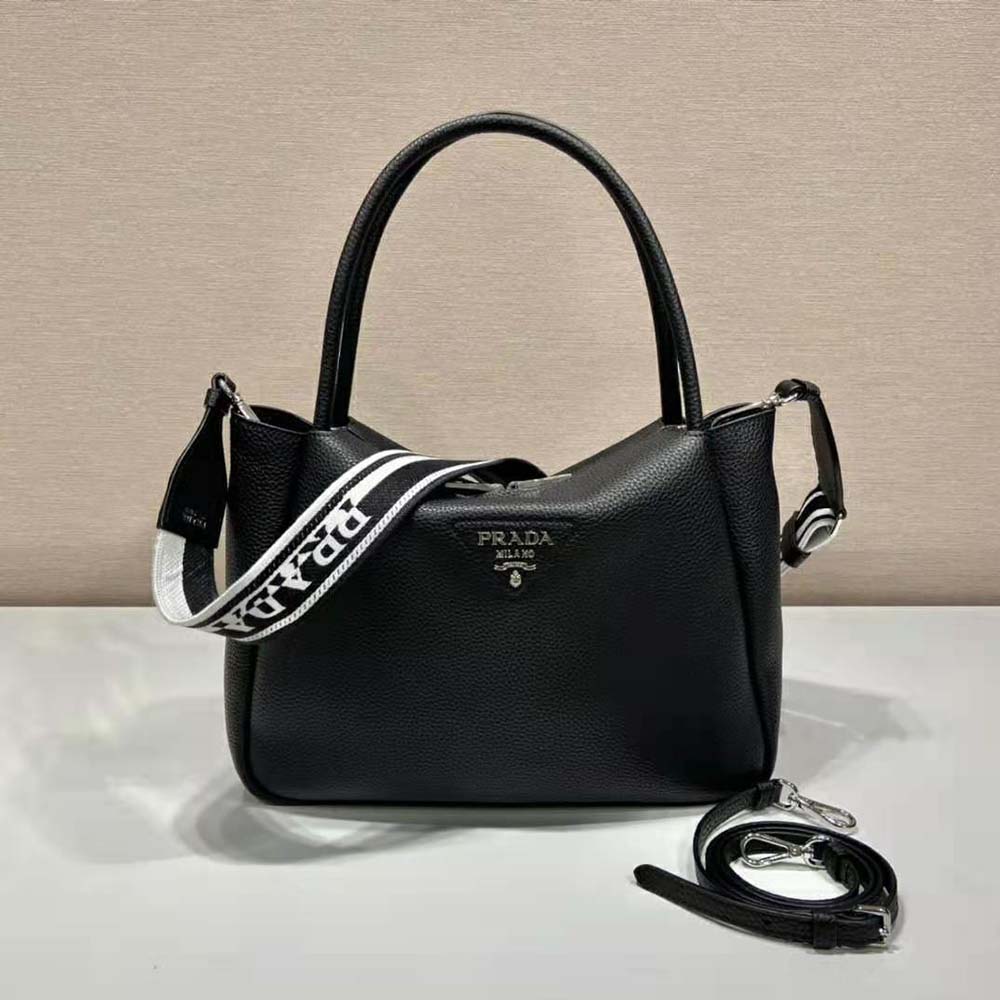 Prada Women Large Leather Handbag with the Prada Metal Lettering Logo Gleaming at Its Center-Black 2 Prada Women Large Leather Handbag with the Prada Metal Lettering Logo Gleaming at Its Center-Black - Image 2