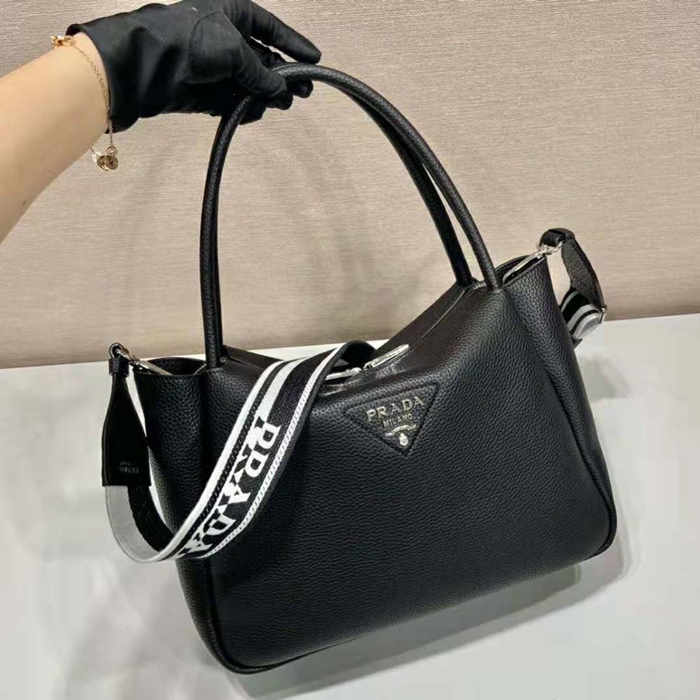 Prada Women Large Leather Handbag with the Prada Metal Lettering Logo Gleaming at Its Center-Black 4 Prada Women Large Leather Handbag with the Prada Metal Lettering Logo Gleaming at Its Center-Black - Image 4