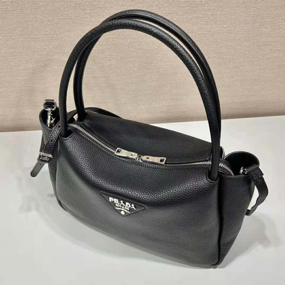 Prada Women Large Leather Handbag with the Prada Metal Lettering Logo Gleaming at Its Center-Black 6 Prada Women Large Leather Handbag with the Prada Metal Lettering Logo Gleaming at Its Center-Black - Image 6