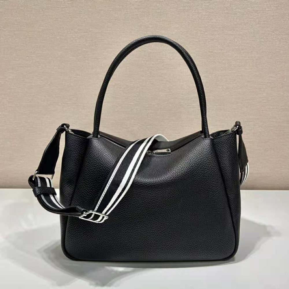 Prada Women Large Leather Handbag with the Prada Metal Lettering Logo Gleaming at Its Center-Black 3 Prada Women Large Leather Handbag with the Prada Metal Lettering Logo Gleaming at Its Center-Black - Image 3