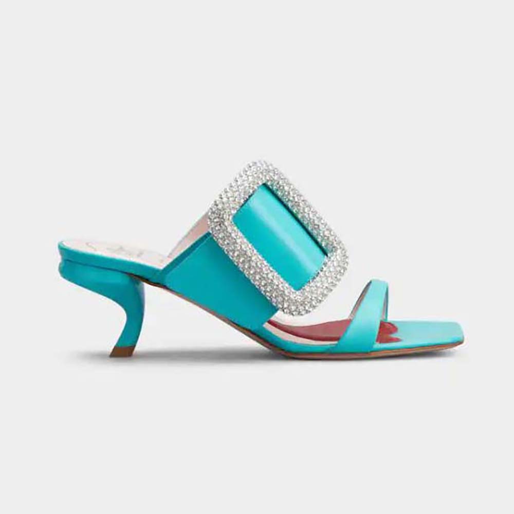 Roger Vivier Women Viv Choc Side Strass Buckle Mules in Leather-Lime