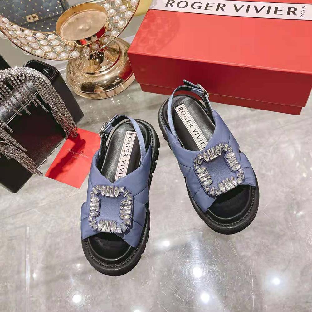 Roger Vivier Women Viv Winter Puffy Strass Buckle Sandals in Satin-Navy