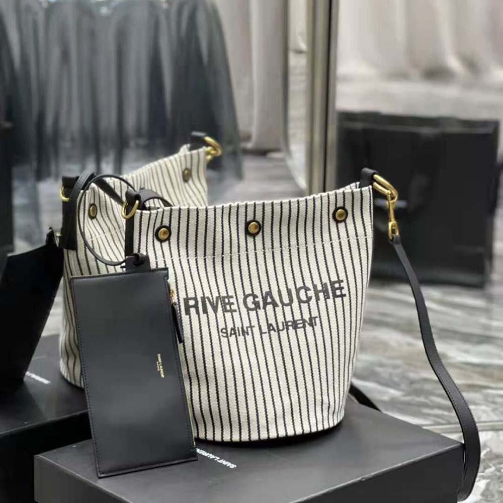 Saint Laurent Rive Gauche Striped Canvas Bucket Bag