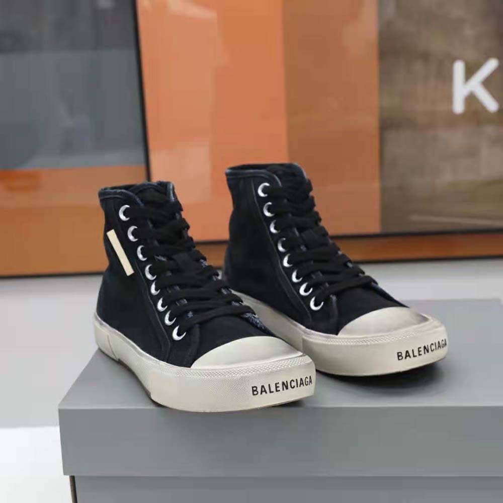 Balenciaga Unisex Paris High Top Sneaker in Black Destroyed Cotton