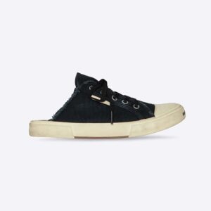 Balenciaga Unisex Paris Sneaker Mule in Black Destroyed Cotton and White Rubber