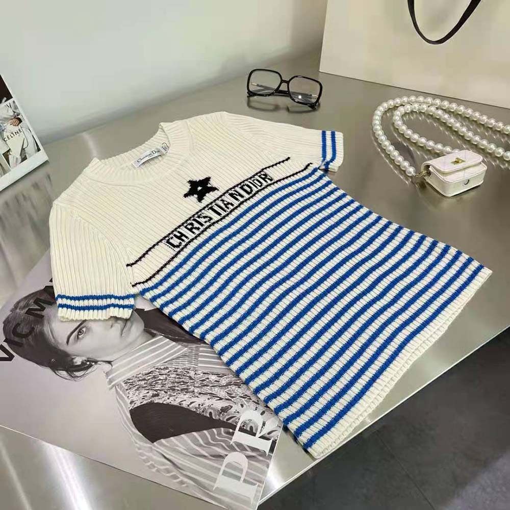 Dior Women Dioriviera Los Angeles Short-Sleeved Sweater Ecru and Bright Blue Cotton Knit with Signature 2 Dior Women Dioriviera Los Angeles Short-Sleeved Sweater Ecru and Bright Blue Cotton Knit with Signature - Image 2