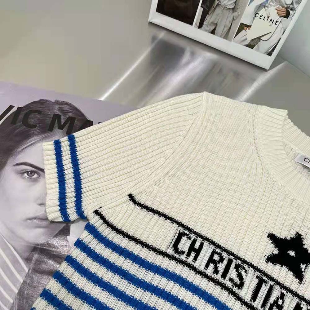 Dior Women Dioriviera Los Angeles Short-Sleeved Sweater Ecru and Bright Blue Cotton Knit with Signature 5 Dior Women Dioriviera Los Angeles Short-Sleeved Sweater Ecru and Bright Blue Cotton Knit with Signature - Image 5
