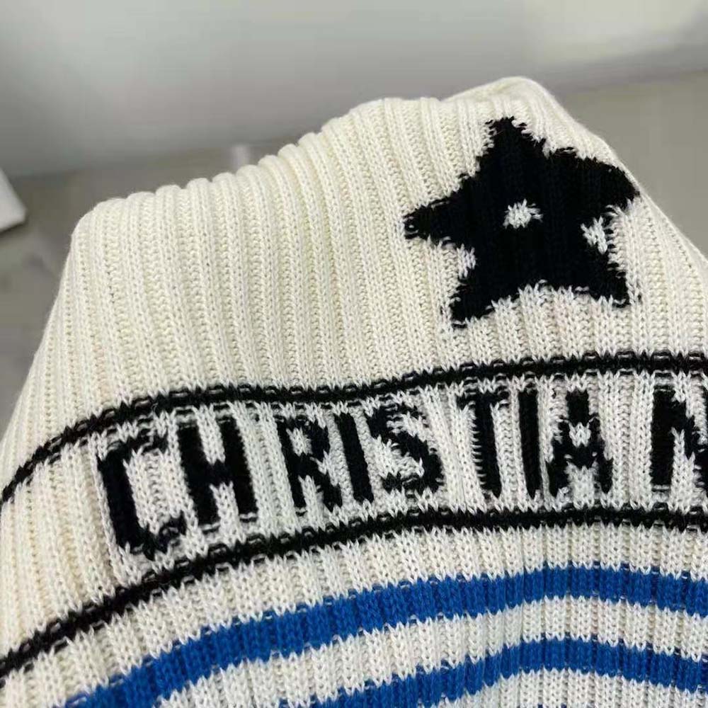 Dior Women Dioriviera Los Angeles Short-Sleeved Sweater Ecru and Bright Blue Cotton Knit with Signature 3 Dior Women Dioriviera Los Angeles Short-Sleeved Sweater Ecru and Bright Blue Cotton Knit with Signature - Image 3