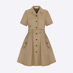 Dior Women Dress with Belt Beige Cotton Gabardine