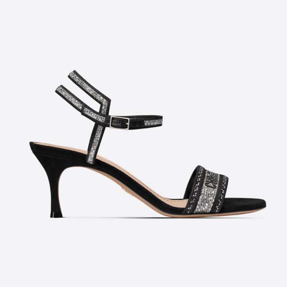 Dior Women Dway Heeled Sandal Black Cotton Embroidered with Thread and ...
