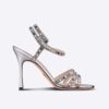Dior Women Gem Heeled Sandal Silver-Tone Cotton Embroidered